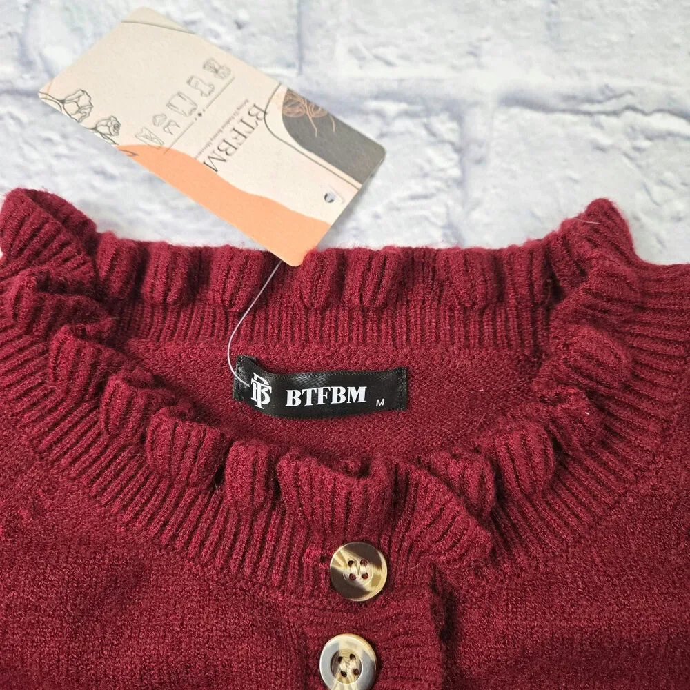 Demure BTFBM Cranberry Holiday Henley High Neck Pullover Sweater Ruffles Buttons